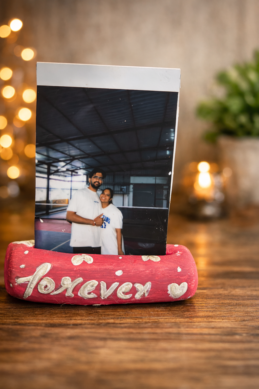 Handmade Forever clay photo stand designed to display polaroids, couple photos and cherished memories on a desk or shelf