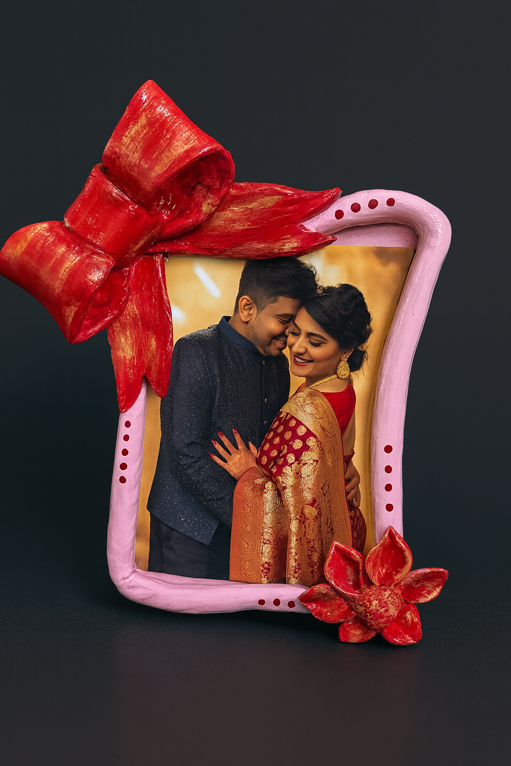 Handmade red bow photo frame with clay art detailing designed for couple photos, wedding memories and romantic gifting