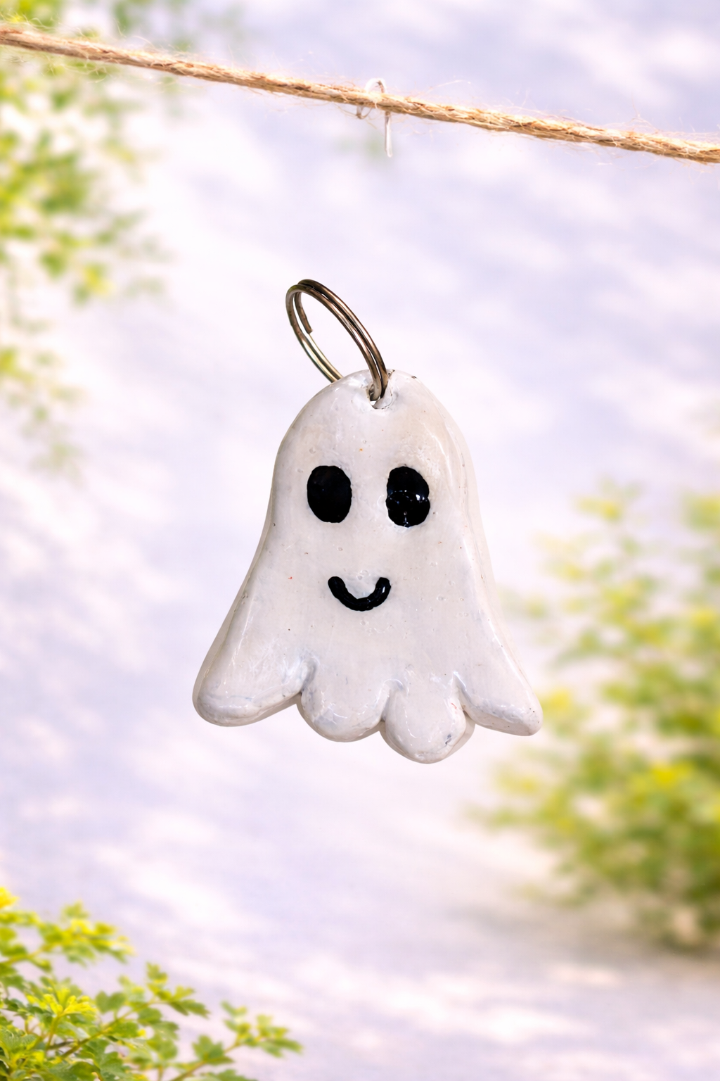 Handmade friendly ghost clay keychain attached to a keyring, designed as a cute spooky bag charm and Halloween-inspired accessory