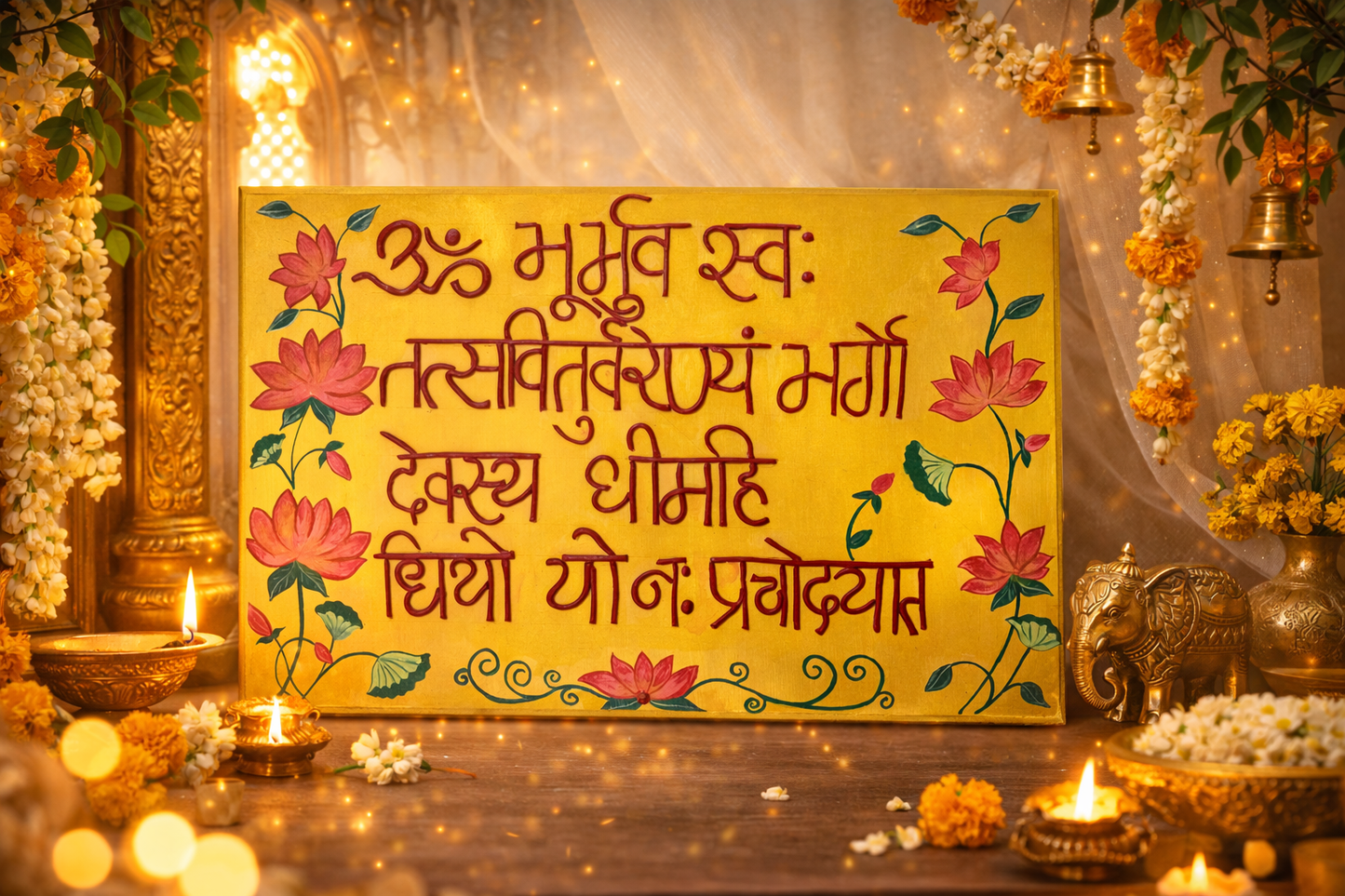 Handmade Gayatri Mantra canvas painting featuring lotus floral artwork designed for pooja room and spiritual home decor