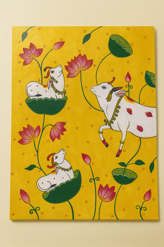 Handmade Pichwai style canvas painting featuring sacred cows and lotus flowers inspired by Krishna devotional art