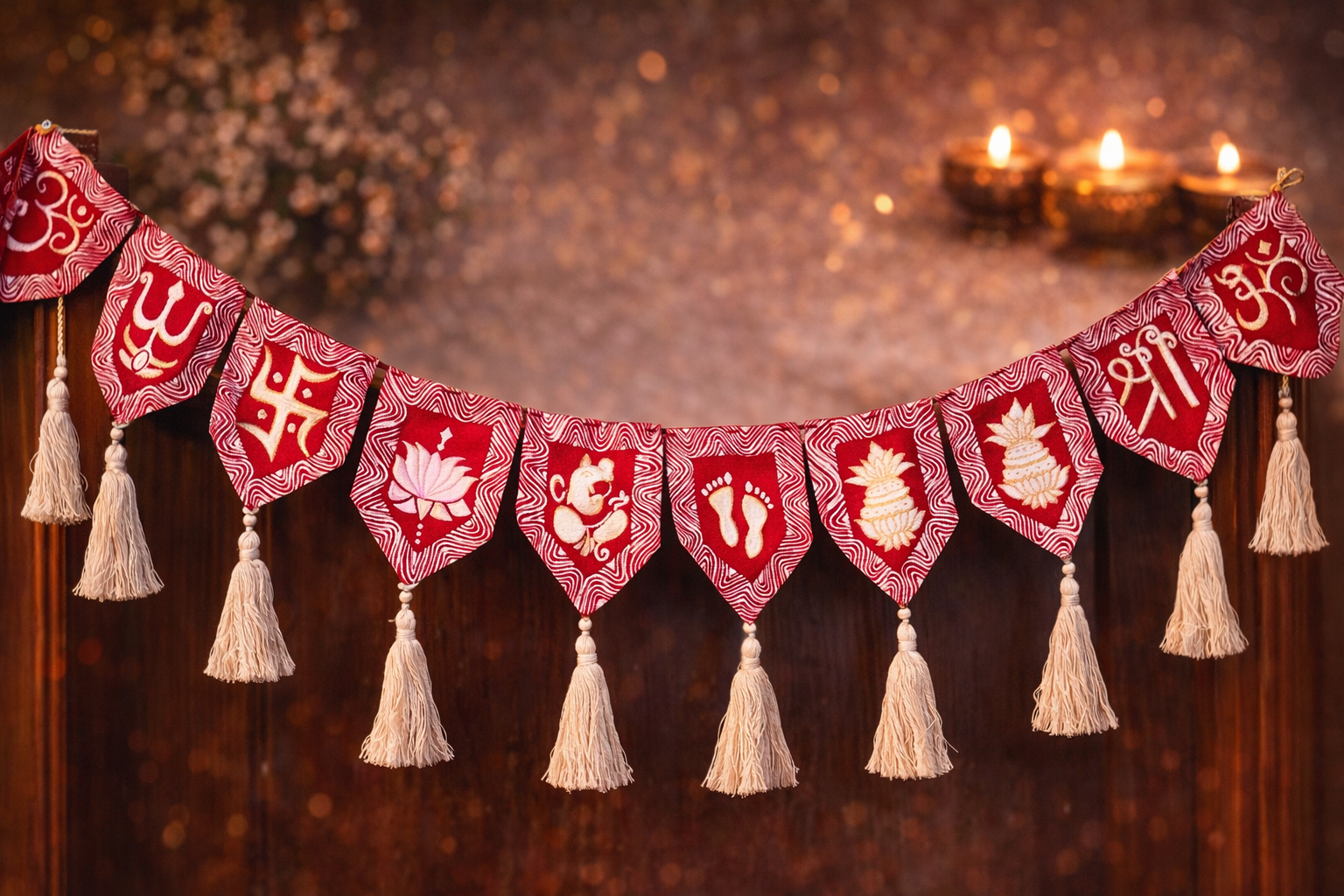 Handmade Shubh Labh Mangal Kalash toran in red fabric designed as a traditional bandarwal door hanging for Diwali and festive home decoration