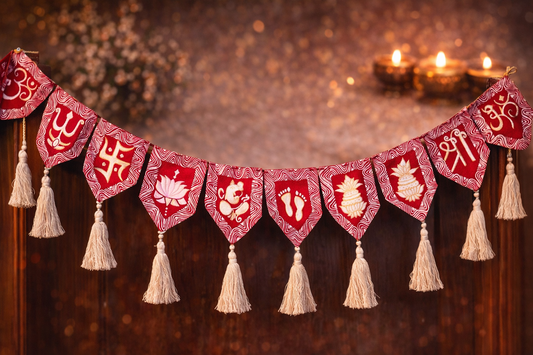 Handmade Shubh Labh Mangal Kalash toran in red fabric designed as a traditional bandarwal door hanging for Diwali and festive home decoration