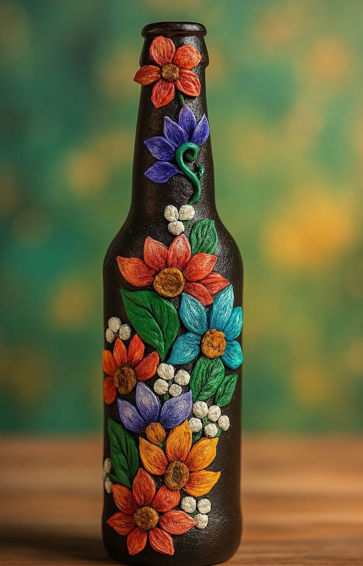 Handmade black beer bottle vase decorated with intricate 3D clay flowers, styled as boho shelf and home decor