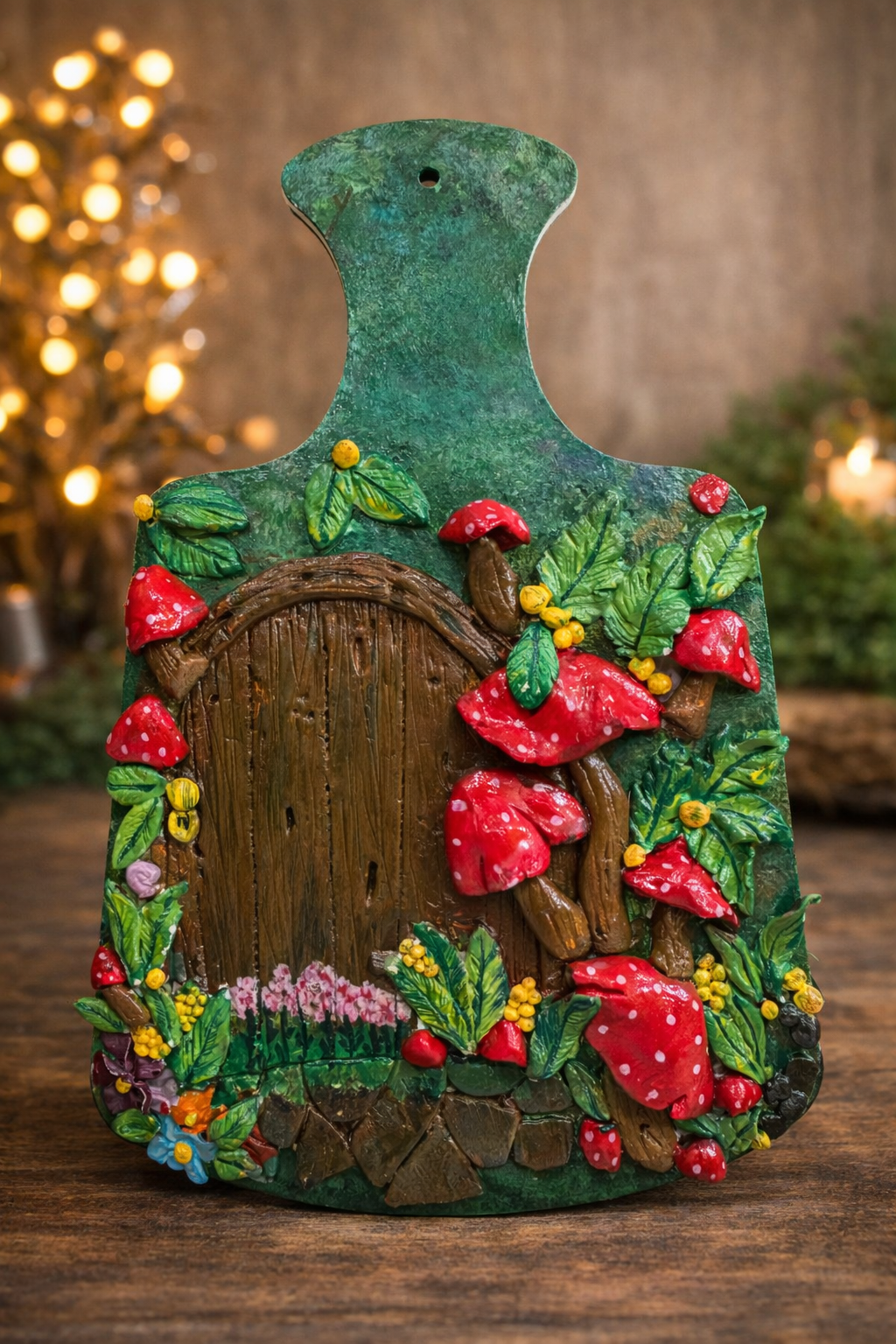 Handmade enchanted forest fairy door wall art crafted from clay, styled as cottagecore and fairycore home decor