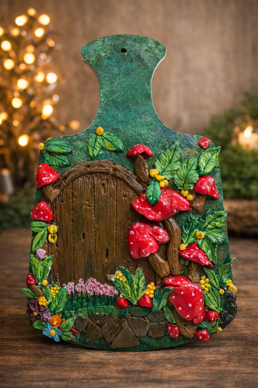 Handmade enchanted forest fairy door wall art crafted from clay, styled as cottagecore and fairycore home decor