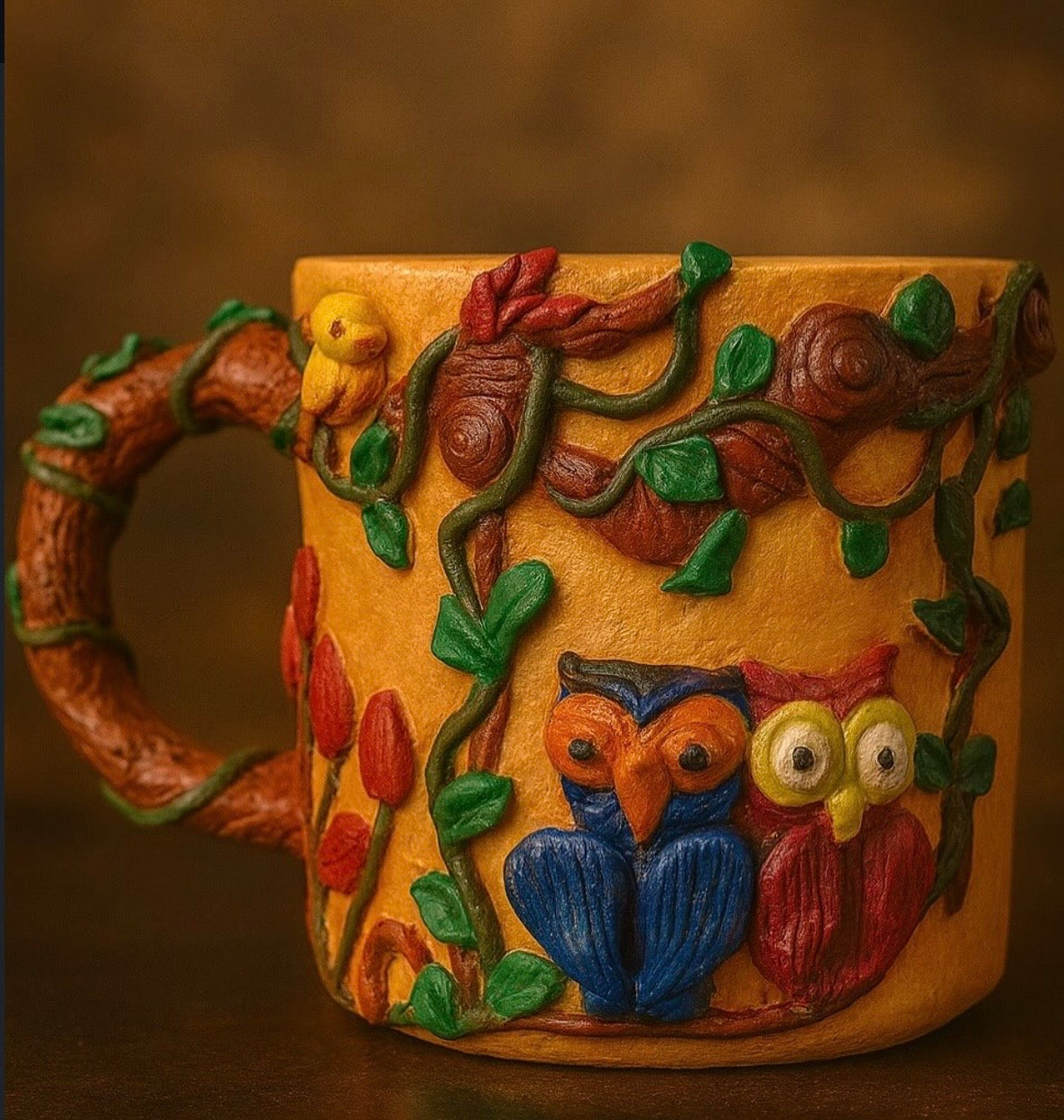 Handmade enchanted forest owl mug featuring intricate 3D clay artwork, designed as a cottagecore coffee mug for owl lovers