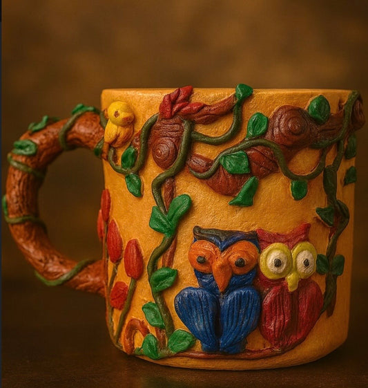 Handmade enchanted forest owl mug featuring intricate 3D clay artwork, designed as a cottagecore coffee mug for owl lovers