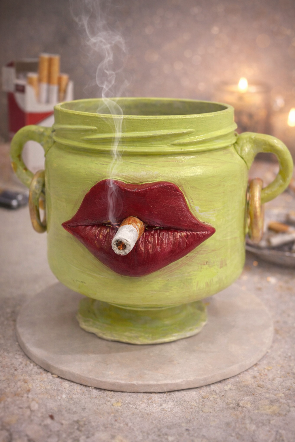 Handmade green planter vase featuring sculpted smoky lips and gold accents, designed as bold pop art home decor
