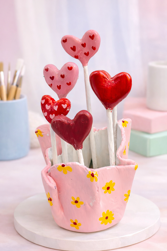 Handmade heart lollipop clay bouquet arranged as a romantic Valentine's Day centerpiece and couple gift