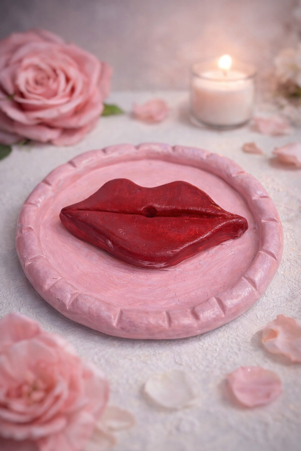 Handmade lips-shaped clay trinket dish used as a jewelry tray and ring holder for vanity decor