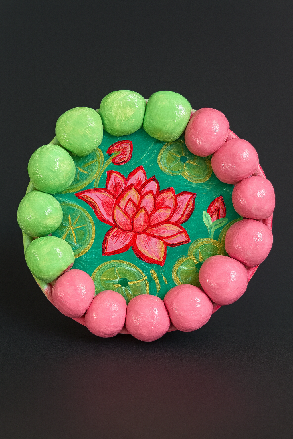 Handmade lotus pond trinket dish featuring colorful clay lotus flowers, designed as a ring holder and jewelry catchall tray