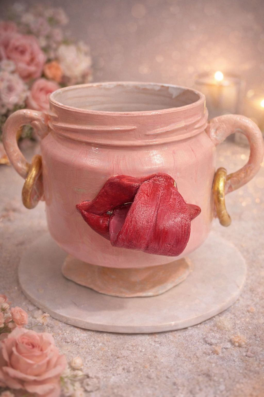 Handmade pink lips planter vase crafted from clay, styled as pop art vanity decor and statement home accessory