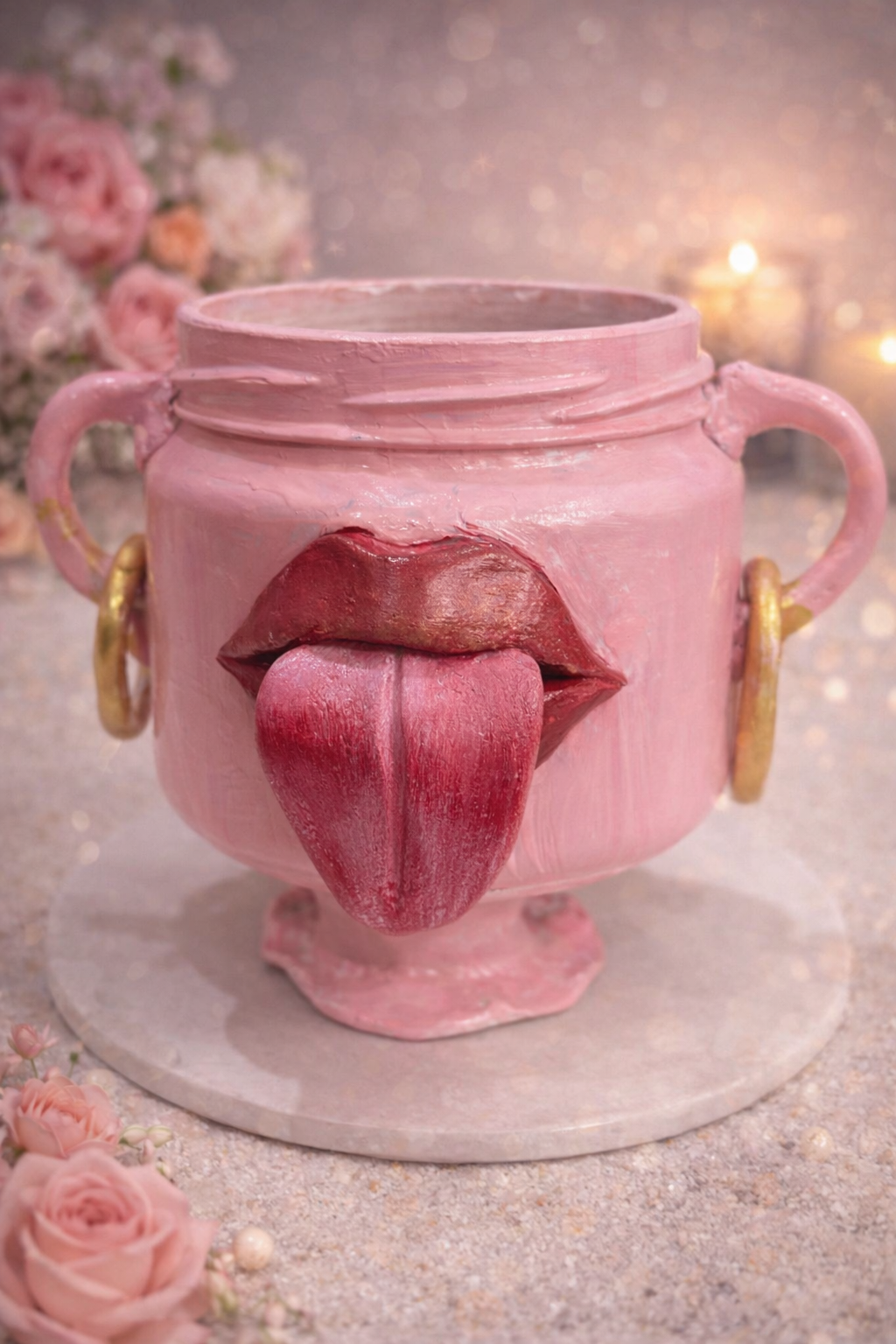 Handmade pink planter vase with sculpted red tongue-out lips and gold handles, designed as bold pop art home decor