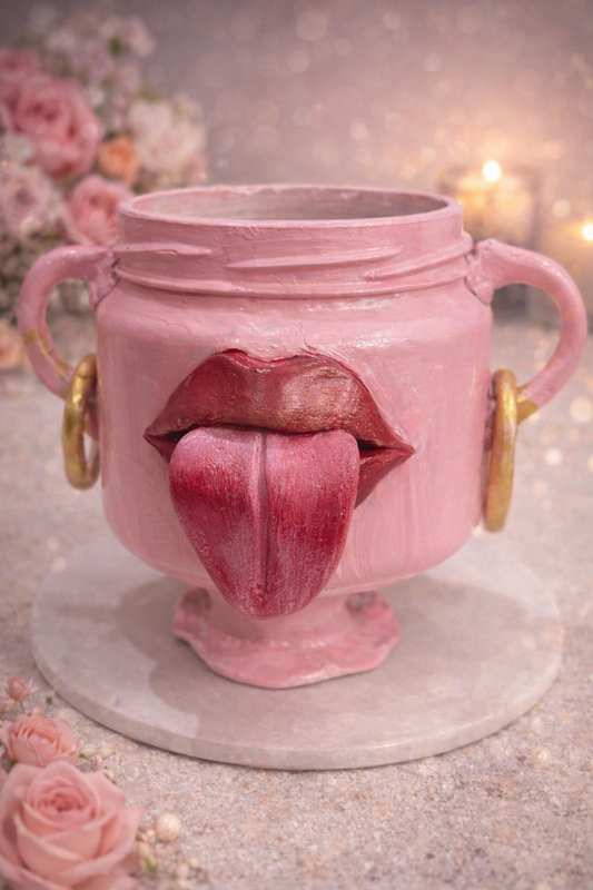 Handmade pink planter vase with sculpted red tongue-out lips and gold handles, designed as bold pop art home decor