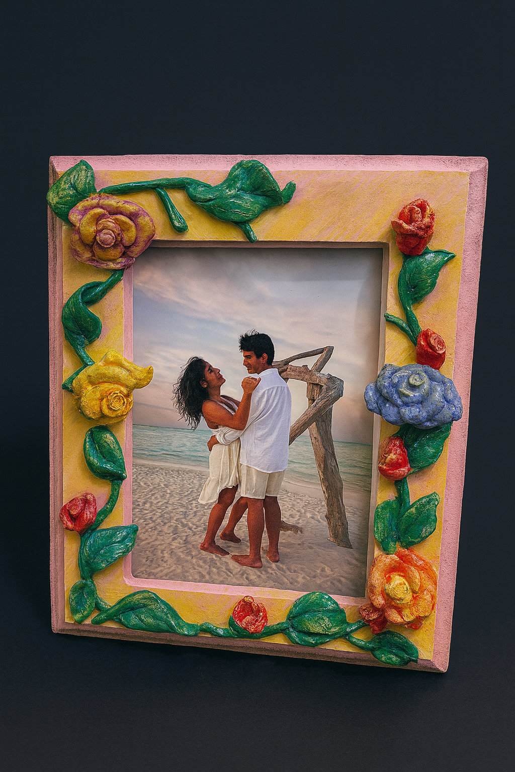 Handmade rose garden photo frame decorated with handcrafted clay roses, designed for 4x6 photos and romantic gifting