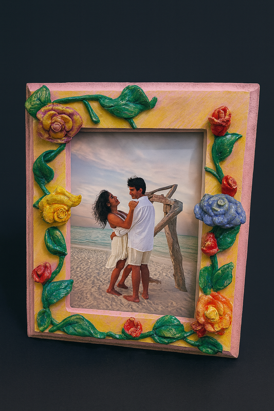 Handmade rose garden photo frame decorated with handcrafted clay roses, designed for 4x6 photos and romantic gifting