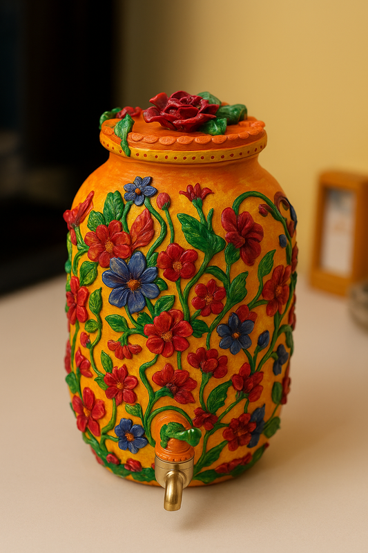Handmade floral clay water dispenser matka featuring intricate 3D flowers and a brass tap for decorative kitchen and dining room use