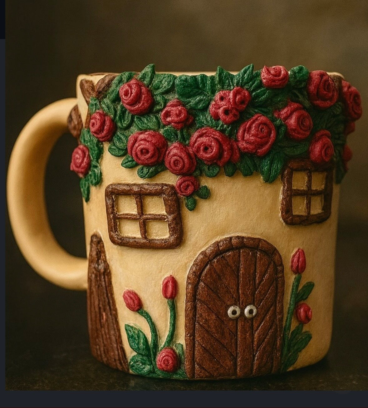 Handmade fairy house mug decorated with 3D clay roses and cottage details, designed as a whimsical cottagecore coffee mug